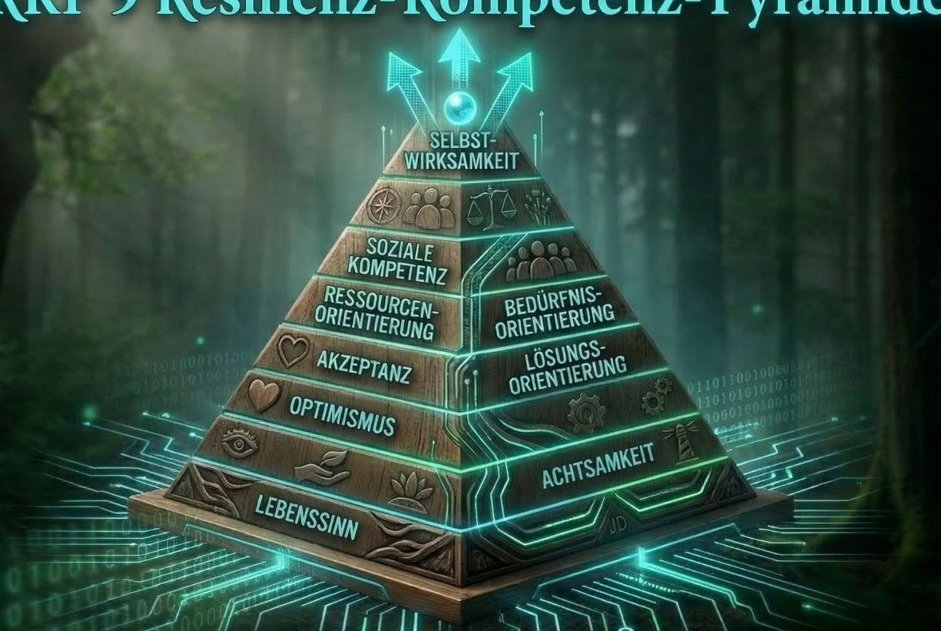 Pyramide mit 9 Kompetenzstufen in einem futuristischen, digitalen Wald-Hintergrund.