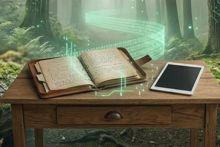 Ein Mann und ein Junge arbeiten gemeinsam an einem Holzschnitzprojekt im Wald.