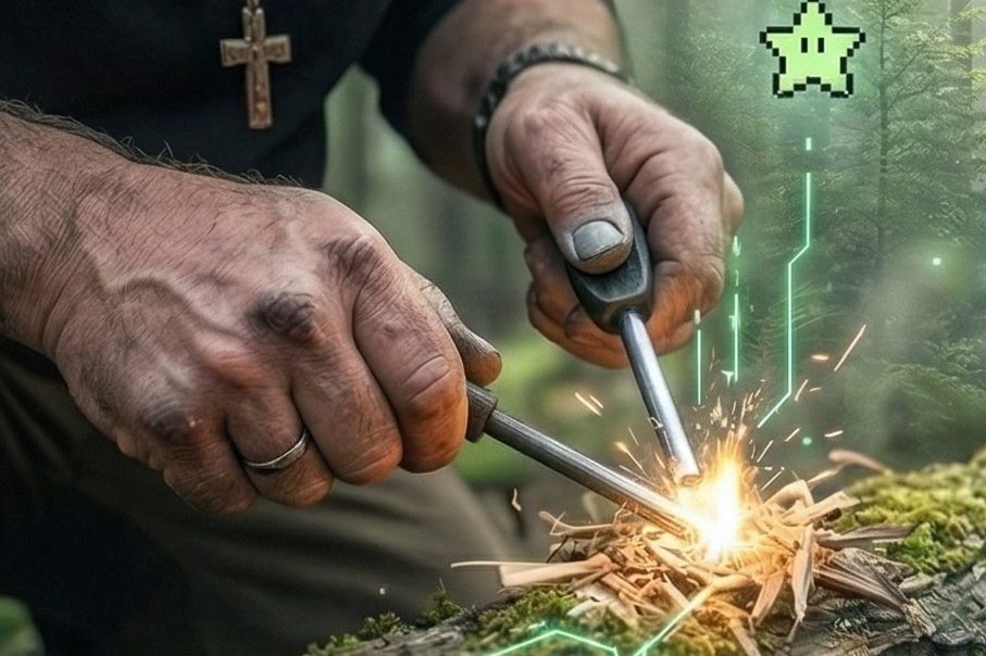 Hände entzünden ein Feuer mit Feuerstahl und Zunder, umgeben von Natur.